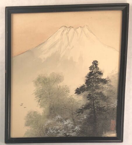 Vintage Framed Mount Fuji Japanese Painting On Silk