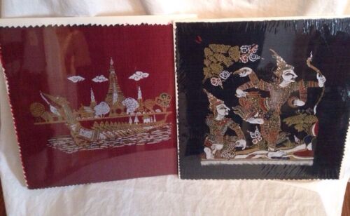 Painted Asian/Thai Fabric Painting (Lot of 2 Blocks) Warriors 12