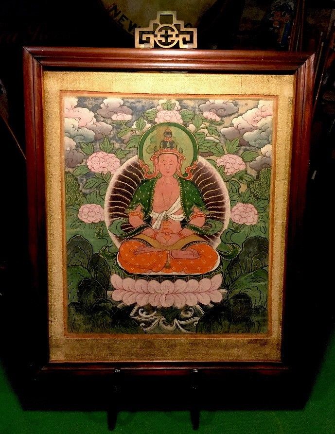 RARE ANTIQUE CHINESE OIL PAINTING 18th CENTURY BUDDHA ON SILK ORIGINAL FRAME