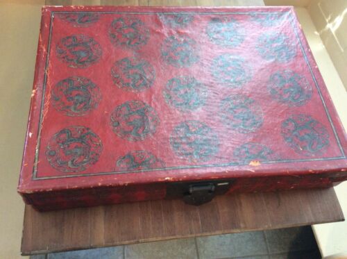Antique Vintage  Chinese Pig Skin Scroll Box Case Hand Painted Red Gold