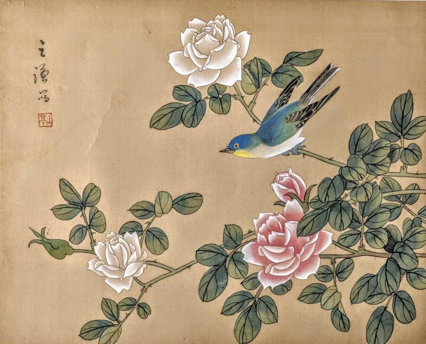 Chinese Bird and Flower Painting Pink White Roses Vintage or Antique Dynasty