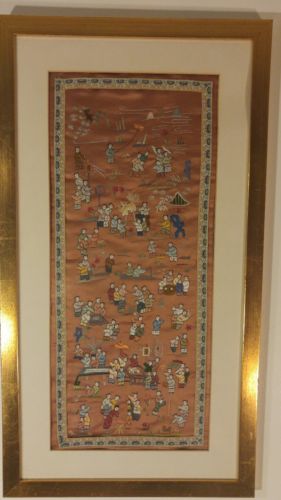 Vintage Chinese Silk Embroidered 100 Children Tapestry Wall Hanging Framed Art