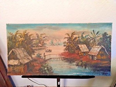 H. KHAI  Vintage Asian Oil Painting Original 28 X 14 Great price! Good Condition