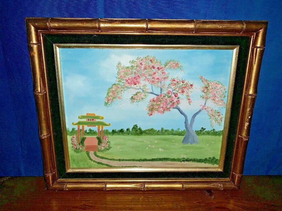 Oil Painting CHINESE PINYIN TING Pavilion & Cherry Plum Blossom Tree 15/18 ??m9