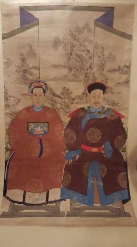 Early 19th C. Chinese Mandarin & Wife - Scroll Painting - 228 x 106 cm Landscape