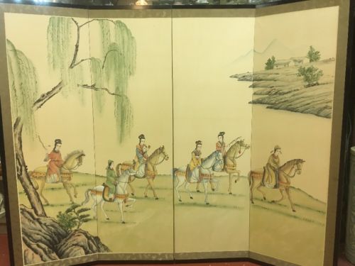 ANTIQUE CHINESE WATERCOLOR PAINTING ON SILK FOLDING SCREEN 4 PANEL 60x48”