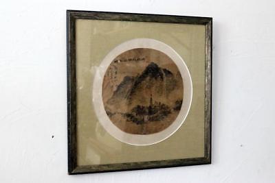 Antique Chinese Silk Round  Painting Mountain Temple Landscape
