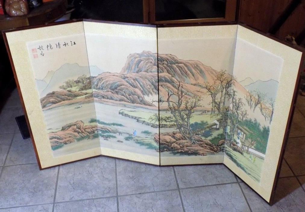 ANTIQUE ASIAN FOLDING PANEL SCREEN WATERCOLOR ON SILK MOUNTAINS SIGNED 36X68