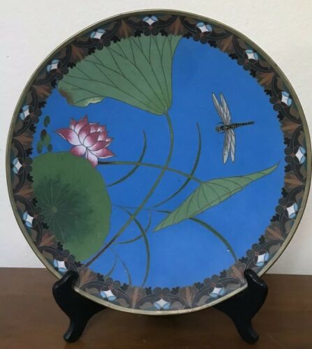 Antique Chinese Bronze Cloisonné Enamel Firefly Flowers Plate Platter 12”