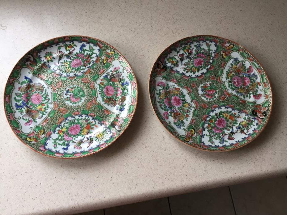 2 antique Famille Rose Medallion Mandarine plates birds butterflies flowers