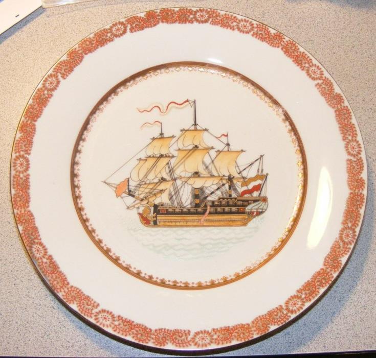 VINTAGE ASIAN ART DECORATIVE PLATE SAILING SHIP SIGNED GOLD TRIM $34.99
