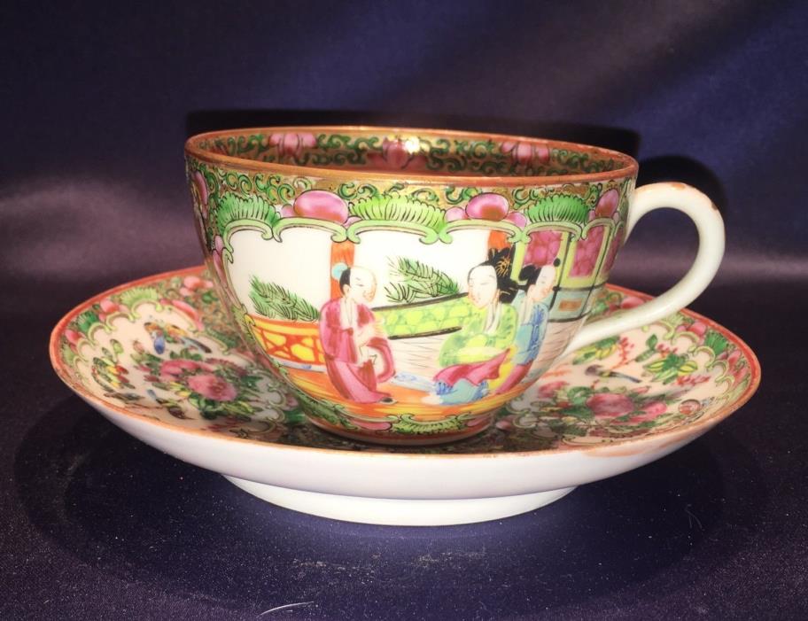 Antique 19C Chinese Export Rose Medallion Cup + Saucer People