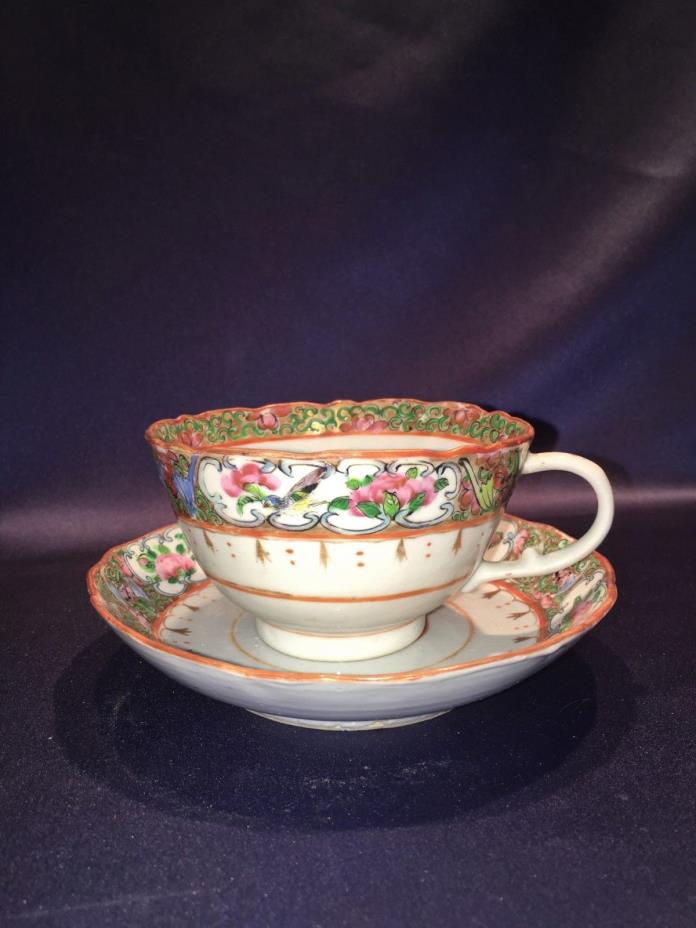 Lovely Antique 19C Chinese Export Rose Medallion Cup + Saucer Handpainted