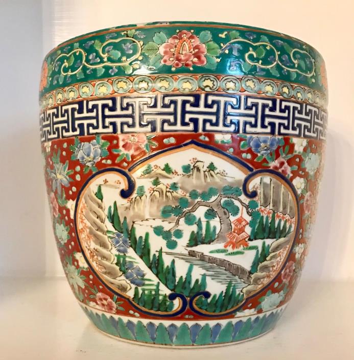Large Antique Chinese Famille Verte Porcelain Jardiniere Pot ~Mountains Flowers~