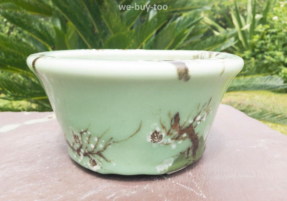 Antique Celadon Bonsai, Bulb Pot, Chinese, Japanese, Decorated Plumb Branches,