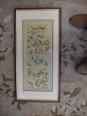 VINTAGE CHINESE SILK EMBROIDERY TEXTILE FRAMED UNDER GLASS VERY NICE 13.5X28.5