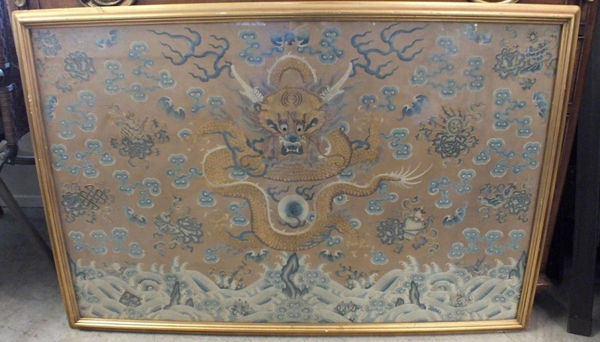 Antique Chinese Silk & Gold Bead Thread Dragon 5 Claw Panel AL8