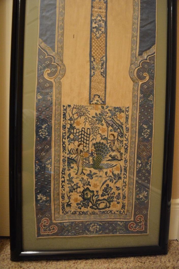 Framed Antique Chinese Hand Embroidered Silk Panel With Gold Thread, Peacock