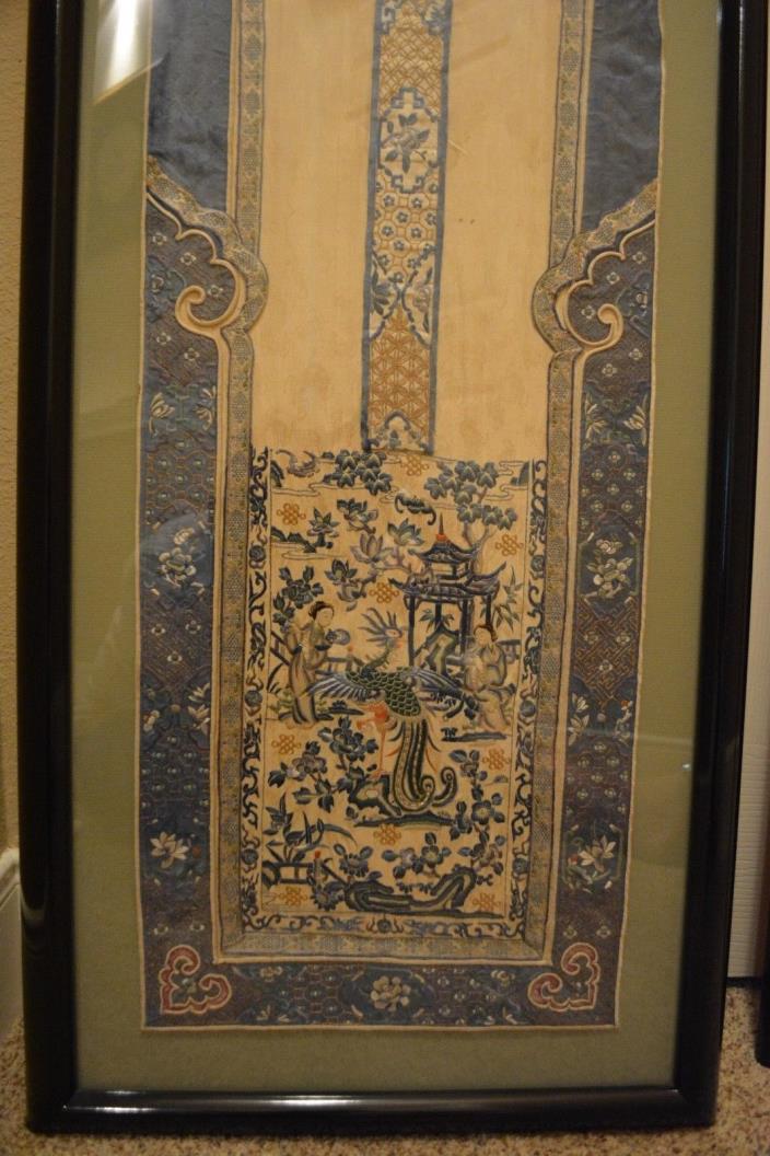 Framed Antique Chinese Hand Embroidered Silk Panel With Gold Thread, Phoenix
