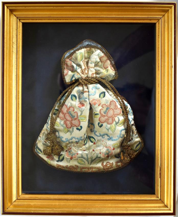 Rare, Framed, Antique Chinese Gold and Silk Embroidered Purse / Pouch