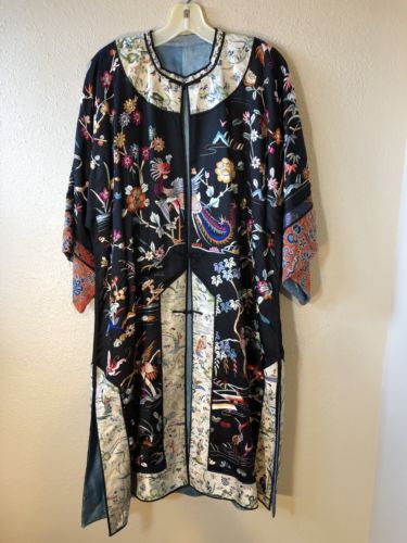 19th Cent. ANTIQUE Vintage CHINESE Embroidered Silk MANDARIN Kimono ROBE Coat