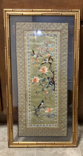Antique Chinese Embroidery Forbidden Stitch Silk Robe Sleeve Panel Bird 19th C