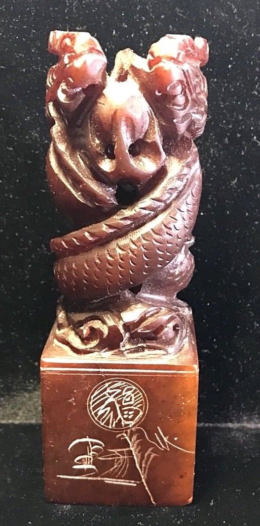 Vintage Chinese Shou Shan Stone carving Dragons Chop Seal Stamp Signet       #TJ