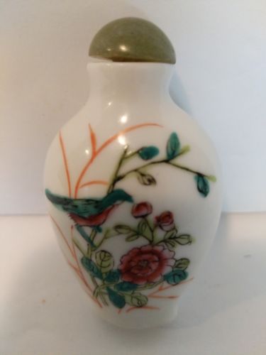 Antique Chinese Snuff Bottle Porcelain with Jade Top Painted Birds and Flowers
