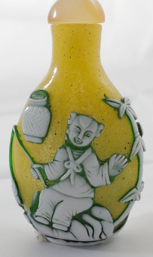 Vintage Glass Snuff Bottle, Cameo, Overlay, Cut Yellow Glass Bottle Kids Fishing