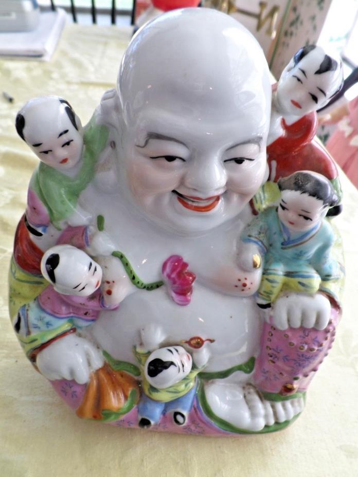 Vintage Chinese Porcelain Laughing Buddha Figure w/ 5 Children