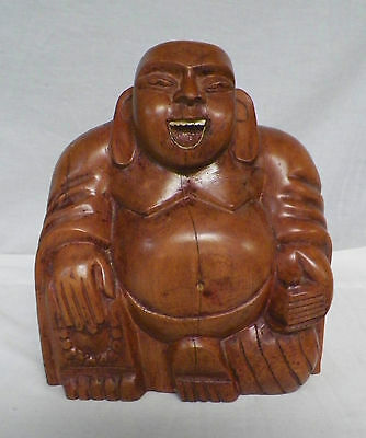 Carved Wood Seated Buddha Figure Statue Inlaid Teeth