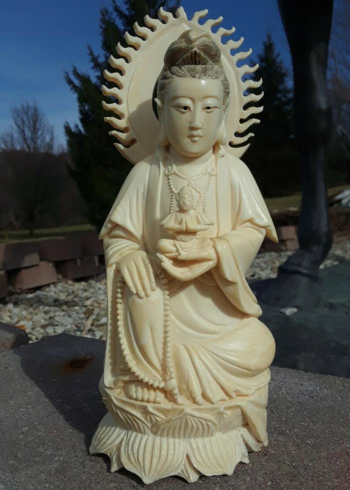 Stunning  ?? SIGNED ?? Guanyin w/ Monk on Lotus Leaf Carved chinese japanese OLD