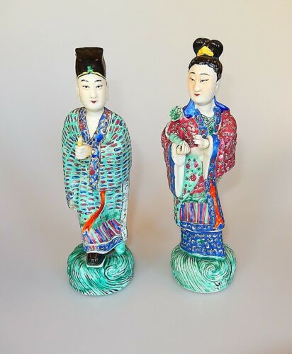 Chinese Pair Immortals Famille Rose Republic Period Figurines Stamped Marks