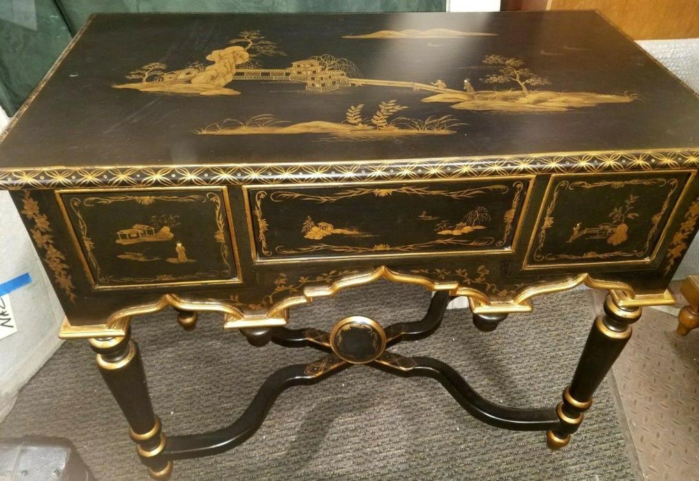 Vintage Oriental Styled Black Lacquer Table with Three Drawers