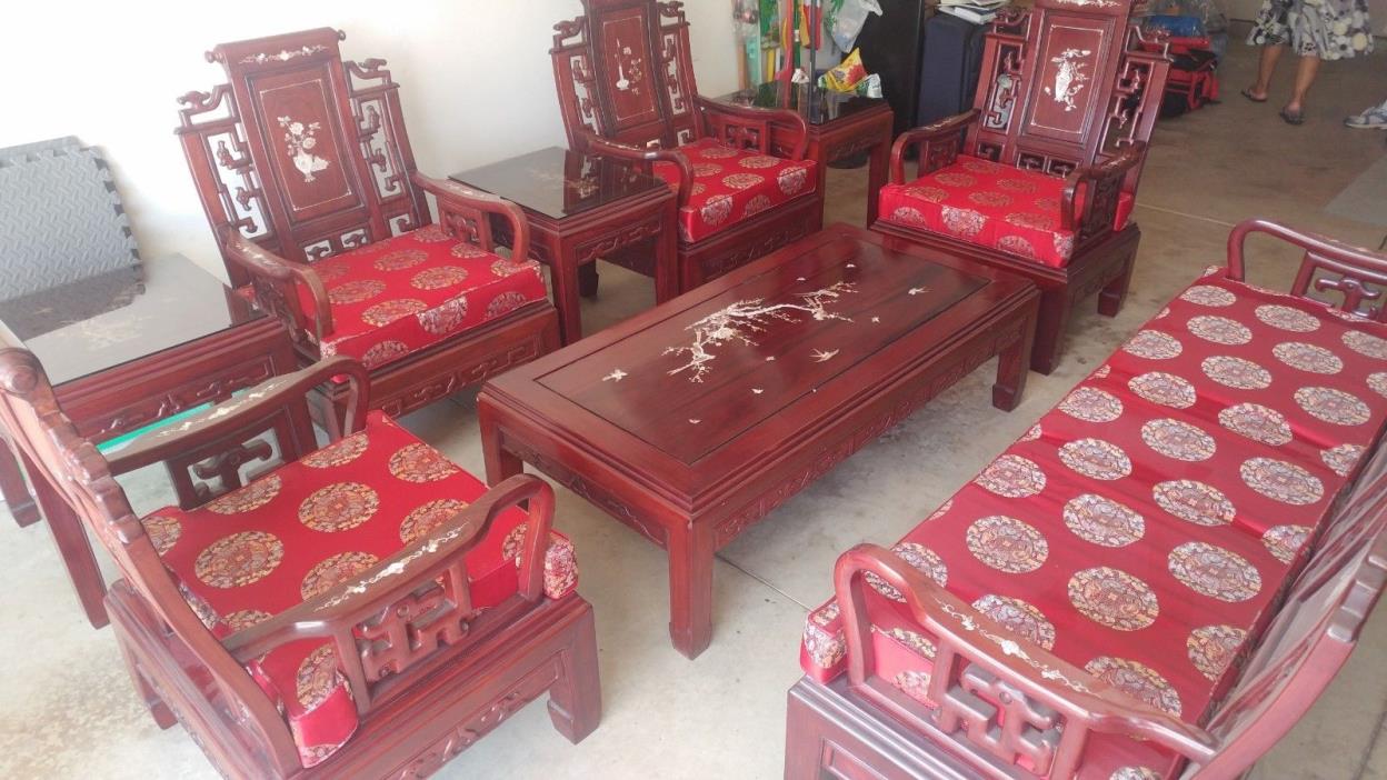 Vintage Chinese Rosewood Living Room Coffee Table Chairs End Table Set