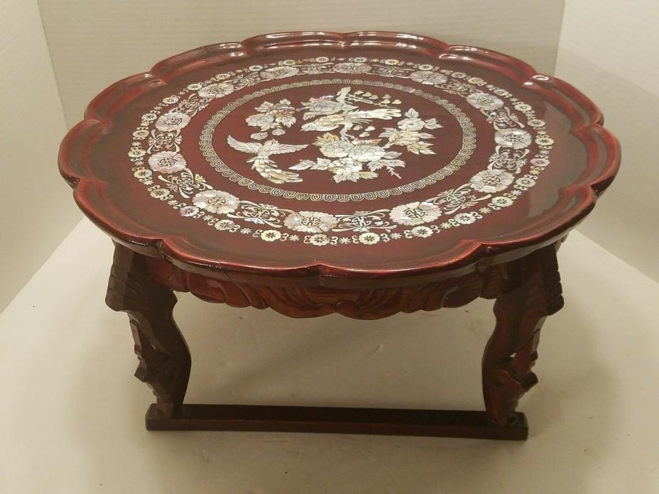 Vintage Korean Wooden Tea Table red mother of Pearl inlay