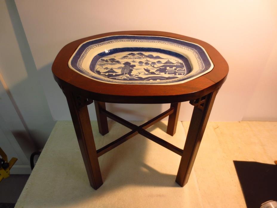 large antique Chinese blue white Canton platter on conforming table base 19th c