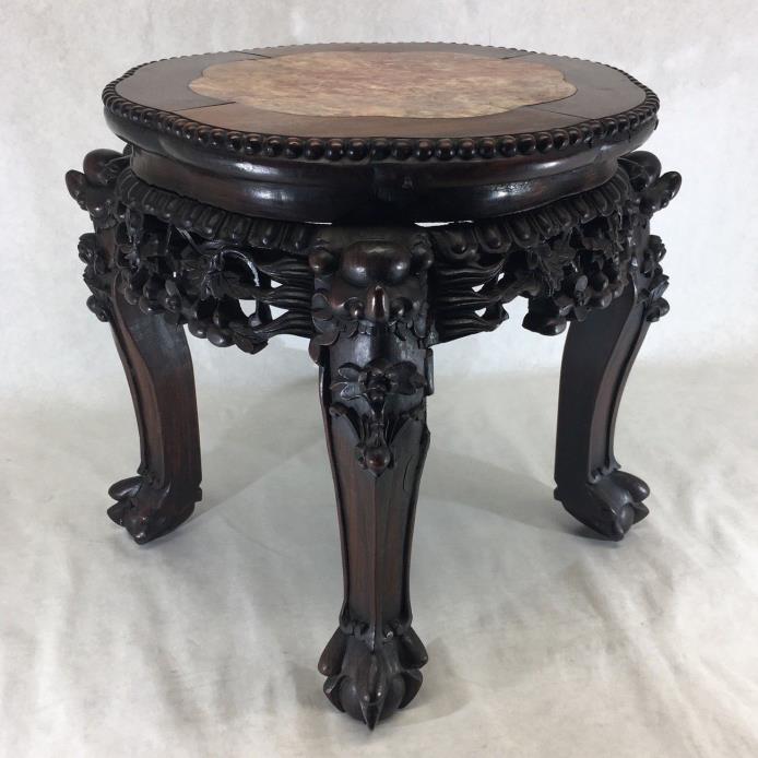 Antique Ornate Oriental Chinese Carved Wood Marble Top Side Table Plant Stand