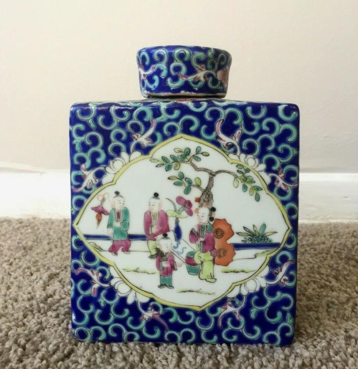 Antique Chinese Blue Porcelain Enameled Tea Caddy