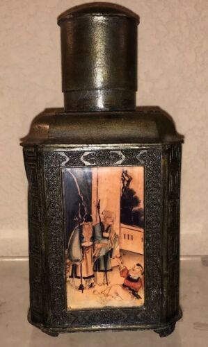 ANTIQUE Oriental Bronze Pewter CHINESE Reverse Painted TEA Caddy Pot