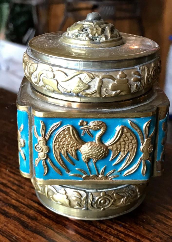 Antique Chinese Cloisonne and Brass Cranes Tea Caddy Jar