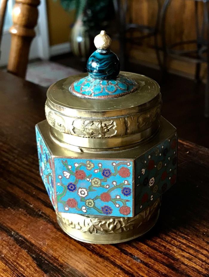 Antique Chinese Cloisonne and Brass Tea Caddy Jar With Blue Peking Glass