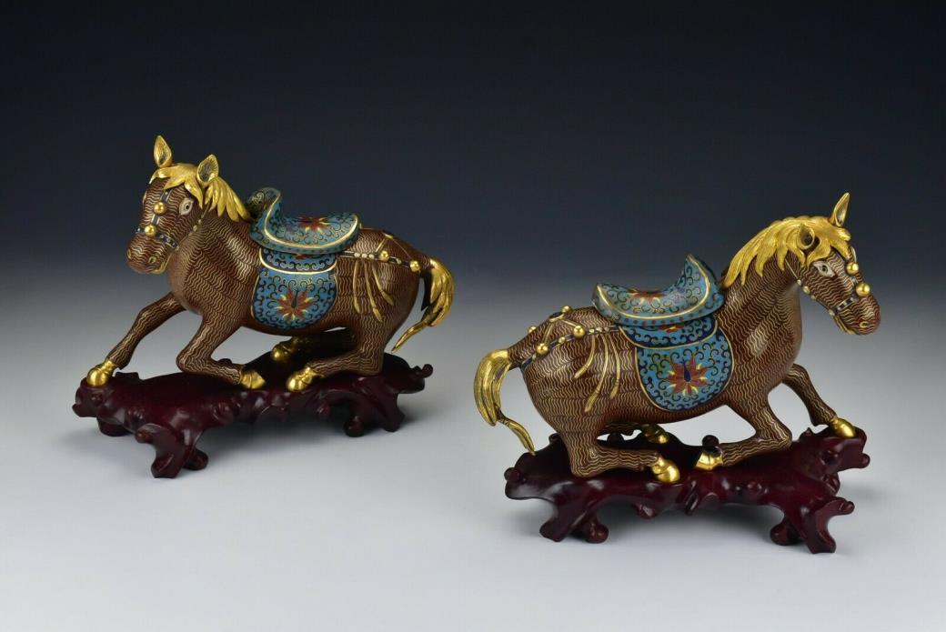 Pair of Chinese Cloisonne & Bronze Anatomically Correct Horse Tea Caddies