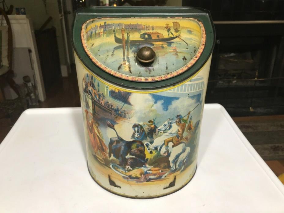 Antique Tea Canister With Gladiator & Bull Painting
