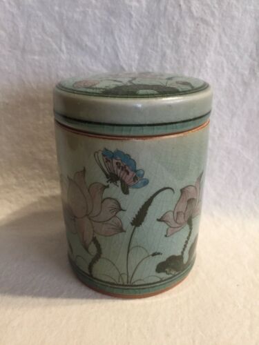 Preowned Thailand Asian Baan Celadon Green Tea Caddy Pottery Ceramic Ash Glaze