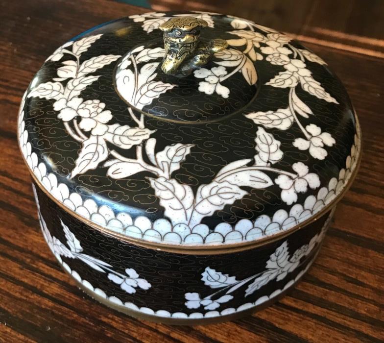 Antique Chinese Cloisonne and Enamel Black and White Tea Caddy W/ Foo Dog