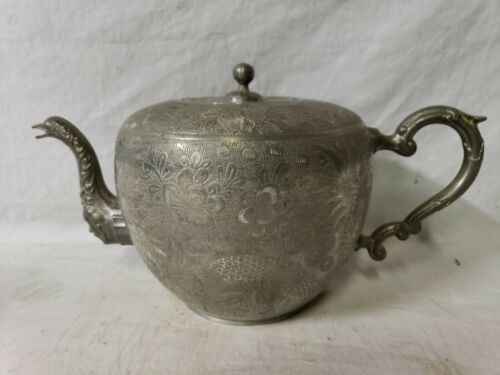 Antique Chinese Engraved Kut Hing Swatow Pewter Teapot. 2nd ½  19th c.  9 ½”
