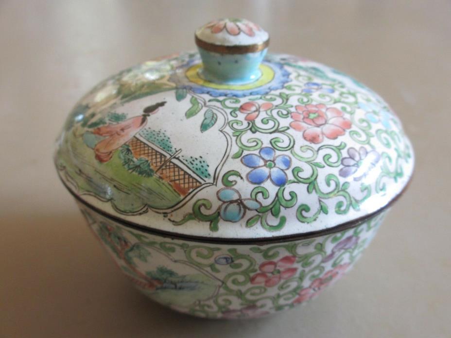ANTIQUE Chinese PEKING REPUBLIC Hand Painted  Enamel COPPER Tea Caddy JAR W/ LID