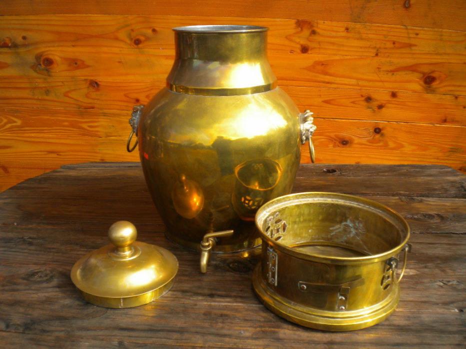 Vtg Brass Chinese Hot Water Pot Huge Tea Urn Samovar Foo Dog Lion Komainu Shisa