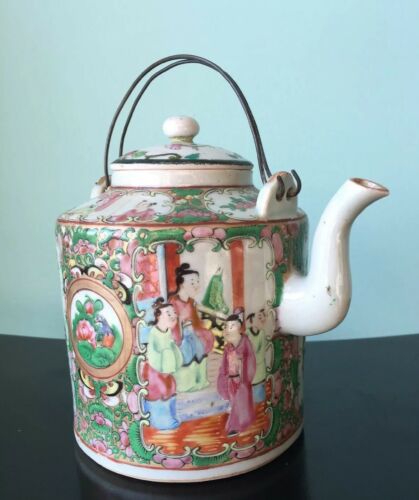 antique Chinese porcelain tea pot famille rose medallion estate wire handles